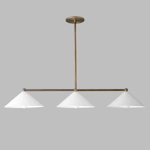 May include: A linear pendant light fixture featuring a central vertical rod connected to a horizontal bar that supports three white conical shades. The metal components have a muted bronze finish, and the design includes a circular ceiling canopy.