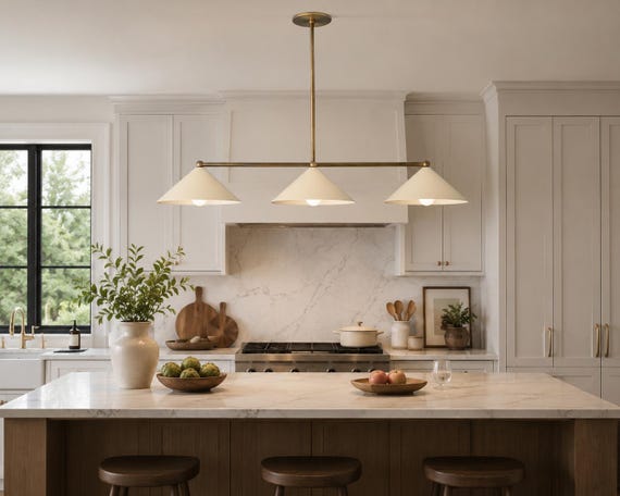 Brass Linear Chandelier for Kitchen Island: 3 Linear Pendant Lighting Fixtures - Over Dining Table Light Fixture