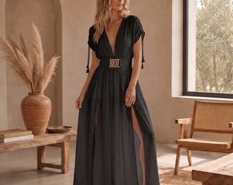 Black Maxi Beach Dress for Women, Boho Resort Dress, Deep V Neck Summer Dress, Elegant Vacation Dress, Flowy Kaftan Dress, One Size Cover Up