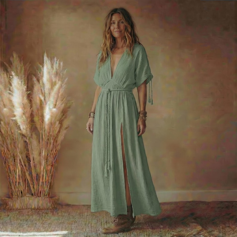 May include: A sage green maxi dress with a deep V-neckline and short sleeves. The dress features a high slit, a rope belt, and a flowing silhouette. The model is wearing brown boots and bracelets.