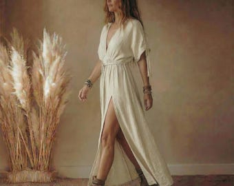 Muslin Cotton Dress Women, Double Gauze Maxi Dress, Boho Beach Dress, Deep V Neck Dress, Loose Summer Dress
