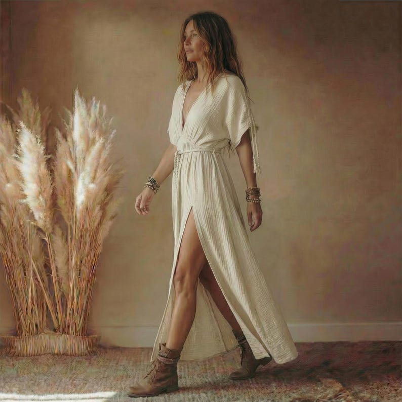 May include: A cream-colored maxi dress with a deep V-neck and a high slit. The dress features short sleeves with tie details and a cinched waist. The person is wearing brown ankle boots and multiple bracelets. Tall, dried pampas grass is in the background.