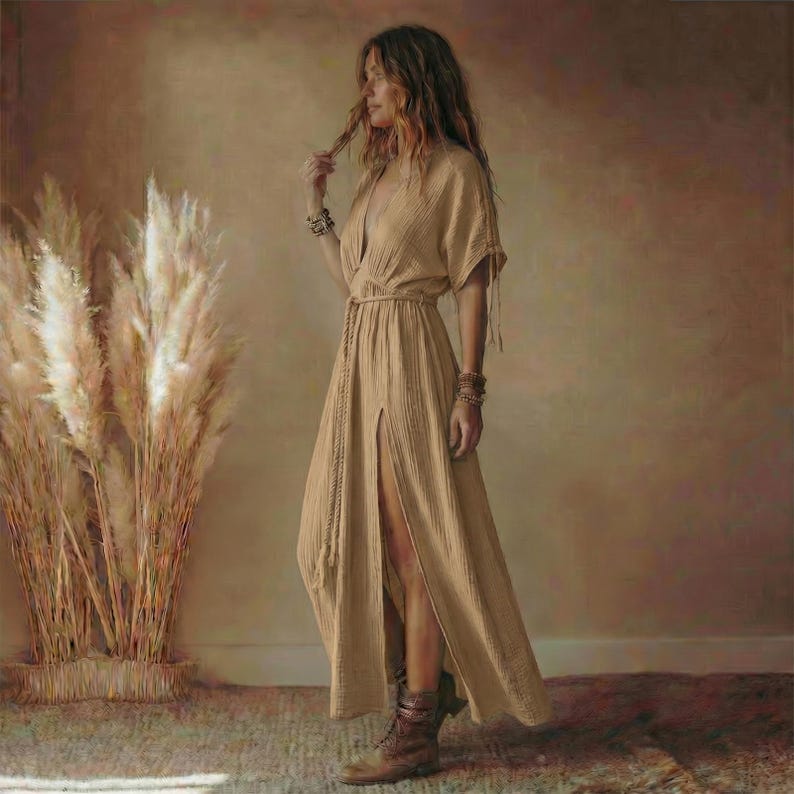 May include: A beige maxi dress with a high slit and short sleeves. The dress has a cinched waist and a flowing skirt. The model is wearing brown boots and bracelets. The background features tall, dried plants.