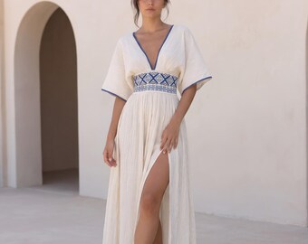 Off White Boho Maxi Dress, Embroidered Greek Dress, One Size Resort Dress, Beach Vacation Dress, Bohemian Wedding Guest