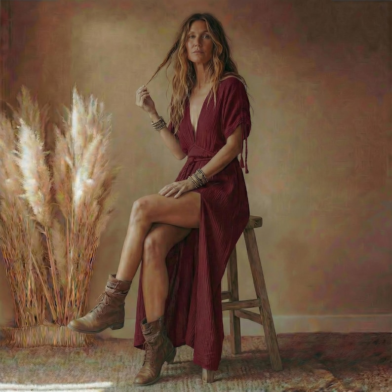 May include: A burgundy maxi dress with a deep V-neck and a high slit. The dress is paired with brown leather boots and multiple bracelets. The model is sitting on a wooden stool, with a backdrop of dried ornamental grass.