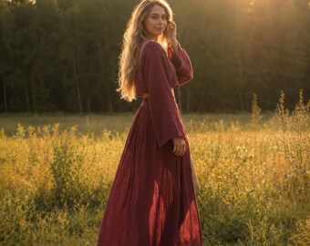 Burgundy Two Piece Set for Women, Boho Maxi Skirt Set, Long Sleeve Crop Top Outfit, Resort Wear, Vacation Matching Set, Festival Clothing