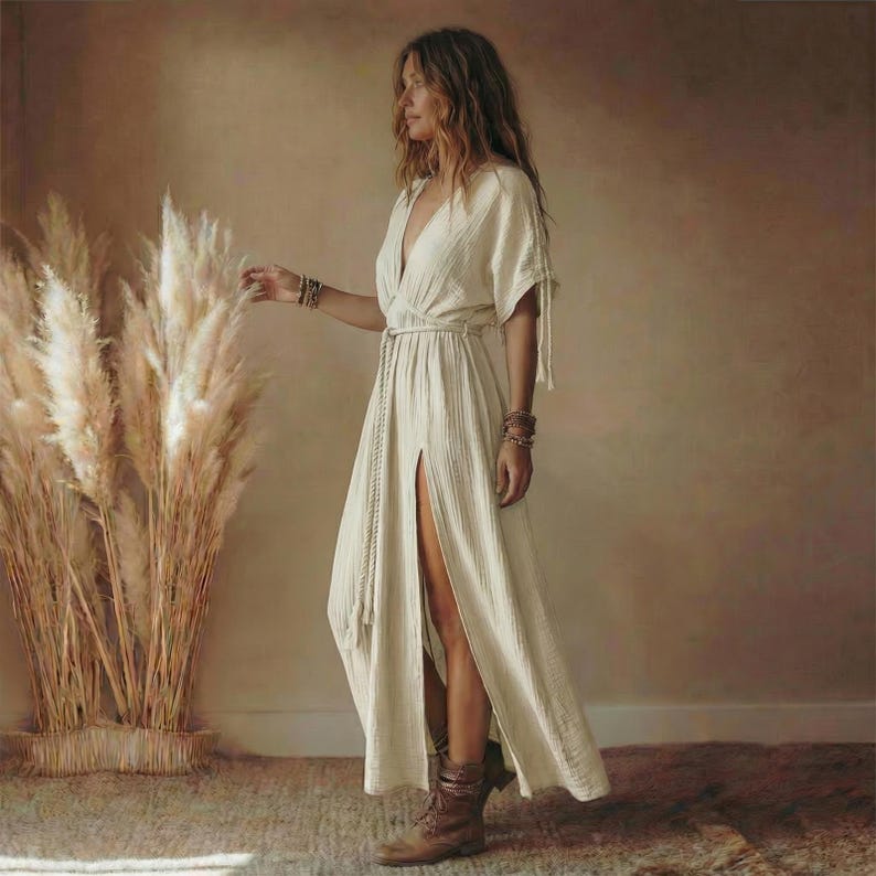 May include: A cream-colored maxi dress with a deep V-neck and a high slit. The dress features short sleeves with tie details and a rope belt. The model is wearing brown boots and several bracelets. Tall, dried pampas grass is in the background.