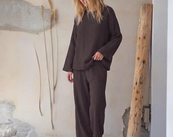 Double Gauze Cotton Lounge Set, Muslin Pajama Set Women, Crinkle Cotton Two Piece Set, Minimalist Loungewear, Loose Fit Sleepwear, Boho Gift