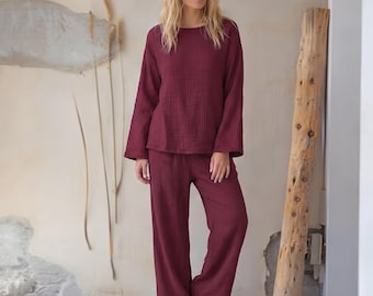 Cotton Loungewear Set for Women, Oversized Two Piece Outfit, Crinkle Cotton Pajama, Relaxed Fit Homewear, Minimalist Matching, Gift for Her
