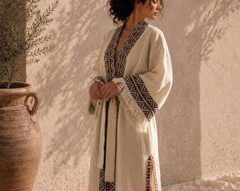 Turkish Cotton Kimono Robe, Waffle Bathrobe for Women, Boho Spa Robe, Bridal Getting Ready Robe, Lightweight Summer Robe, Cotton Cover Up
