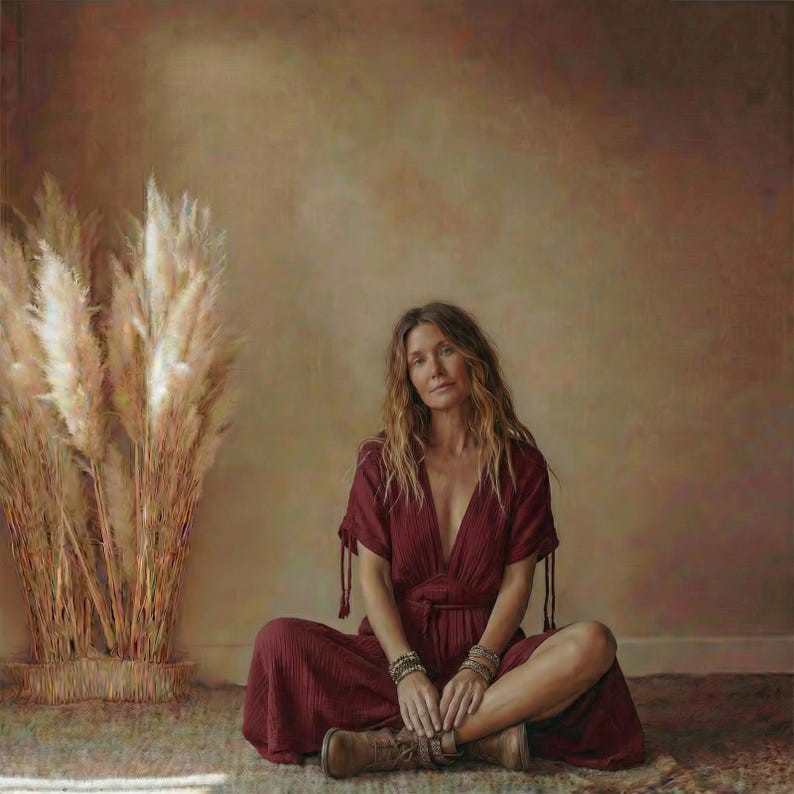 May include: A woman in a burgundy dress sits cross-legged on a rug. The dress has a plunging neckline and tie details on the sleeves. She wears bracelets and brown boots. Tall, dried pampas grass is in a woven basket to the left.
