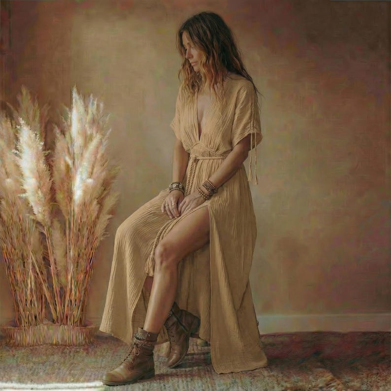 May include: A long, flowing, beige dress with a deep V-neck and a high slit. The dress is cinched at the waist with a matching belt. The model is wearing brown boots and bracelets. A large arrangement of dried pampas grass is in the background.