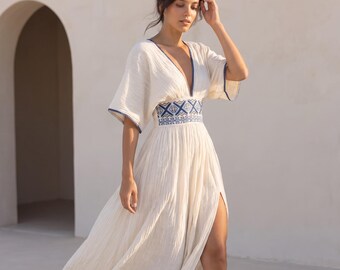 Bohemian Kaftan Dress, Blue Embroidered Summer Dress, One Size Beach Cover Up, Flowy Holiday Dress, Coastal Chic Outfit