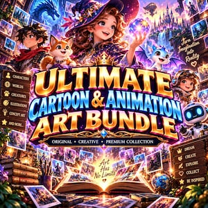 May include: A digital art bundle advertisement featuring the text ULTIMATE CARTOON & ANIMATION ART BUNDLE, ORIGINAL CREATIVE PREMIUM COLLECTION, Turn Imagination into Reality, and Art Has No Limits, with fantasy characters and a glowing book.