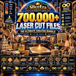 Op de afbeelding: Een digitaal pakket getiteld SliceEra 700,000+ Laser Cut Files met een lasersnijder die een houten mandala graveert. De afbeelding toont diverse lasergesneden houten modellen, waaronder een draak, wereldbol, auto, leeuw en geometrische dozen.