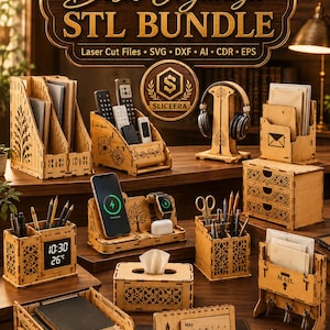 May include: A collection of laser-cut wooden desk organizers including a document sorter, remote holder, headphone stand, mail organizer, drawer unit, pencil cup with digital clock, phone charging dock, tissue box, and a perpetual calendar.