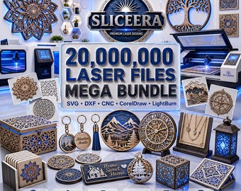 Può includere: Una collezione digitale di 20.000.000 di file laser presentata come un mega pacchetto per SVG, DXF, CNC, CorelDraw e LightBurn. L'immagine mostra vari oggetti in legno tagliati al laser, tra cui decorazioni murali, scatole, portachiavi e orologi.