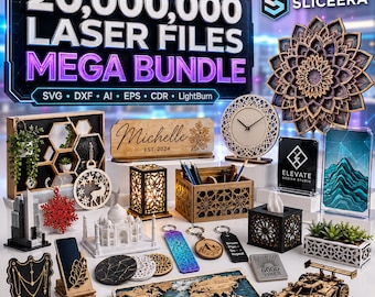 Può includere: Una collezione digitale di 20.000.000 di file laser etichettati come mega bundle con formati SVG, DXF, AI, EPS, CDR e LightBurn. L'immagine mostra vari oggetti in legno tagliati al laser, tra cui una mappa del mondo, un'auto e degli orologi.