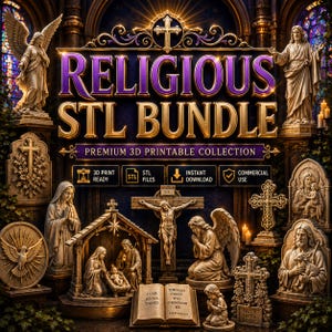 May include: A digital collection of religious 3D printable STL files featuring statues of angels, Jesus, the nativity scene, crosses, and an open book with the text I CAN DO ALL THINGS THROUGH CHRIST WHO STRENGTHENS ME PHILIPPIANS 4:13.