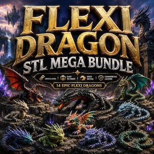 May include: A digital graphic featuring the text FLEXI DRAGON STL MEGA BUNDLE and 14 EPIC FLEXI DRAGONS. The image displays various articulated, high-detail dragon figures in multiple colors, including red, green, blue, and black, on rocky terrain.