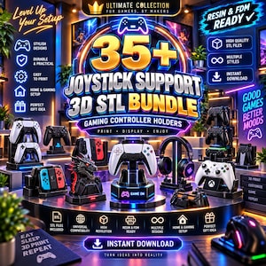 Puede incluir: Un gráfico promocional digital para un paquete de más de 35 soportes para joysticks en archivos STL 3D con varios soportes para mandos de juego. La imagen muestra múltiples bases para mandos, incluyendo diseños de dragón, con luces de neón.