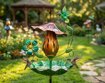 Karmnik dla kolibrów w kształcie grzyba, karmnik i miseczka na wodę 2 w 1, fantazyjna dekoracja ogrodu, ręcznie malowana sztuka ogrodowa, wyjątkowy prezent