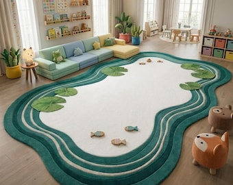 Teichform Spielzimmer Teppich, Seerosenblatt Fisch Kindergarten Teppich, Natur Kinderzimmer Dekor