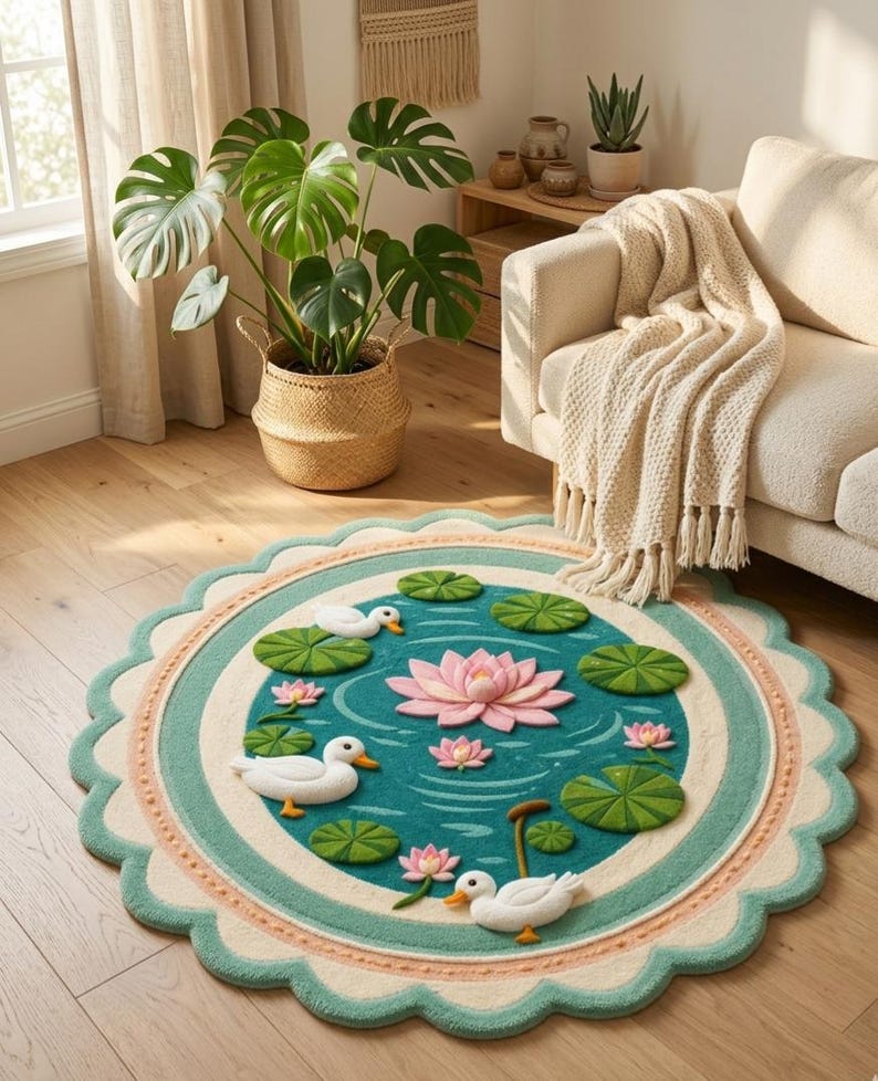 Pink Duck Rug Scalloped Round Duck Lotus Pond Rug, Whimsical Nursery Carpet, Pastel ...