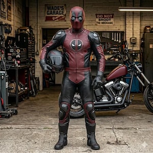 May include: A full-body motorcycle suit in dark red and black leather, featuring a matching full-face mask with white eye lenses and a circular chest emblem. The suit includes protective armor on the shoulders, knees, and gloves, worn with boots.