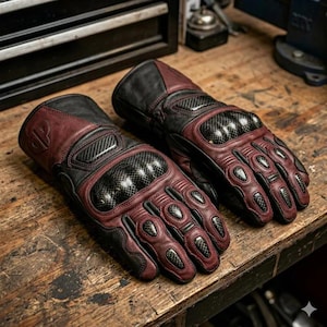 May include: A pair of motorcycle gloves crafted from black and deep red leather, featuring carbon fiber knuckle protectors, reinforced finger guards, and a debossed logo on the cuff. The design includes protective padding and stitched panels.