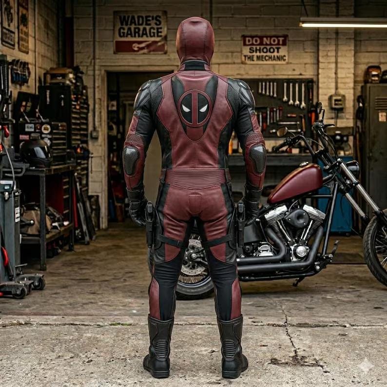 May include: A full-body leather suit in dark red and black, featuring a hood and a prominent Deadpool mask emblem on the back. The suit includes integrated armor plating on the shoulders, elbows, and knees, with holsters attached to the thighs.