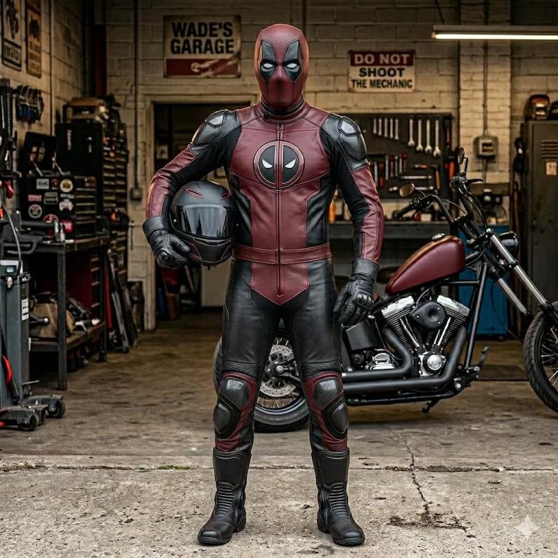 May include: A full-body motorcycle suit in dark red and black leather, featuring a matching full-face mask with white eye lenses and a circular chest emblem. The suit includes protective armor on the shoulders, knees, and gloves, worn with boots.