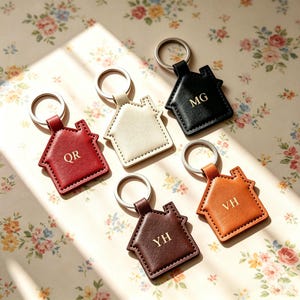 May include: Five house-shaped keychains in red, cream, black, dark brown, and tan. Each keychain features a metal ring and gold-embossed initials: QR on the red, MG on the black, YH on the dark brown, and VH on the tan. The cream keychain is blank.