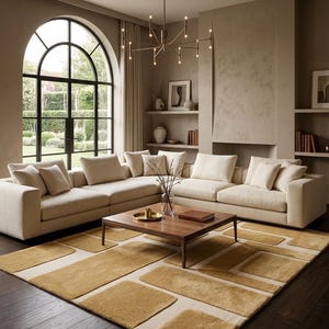 Modern Geometric Gold and Ivory Hand Tufted Wool Rug, Abstract Rectangular Blocks, Luxury Cut Pile Area Rug, Contemporary Home Decor Accents
