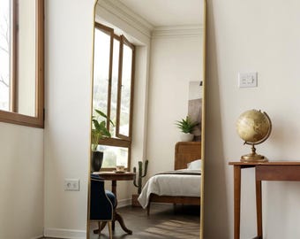 Oversized Gold Arch Full Length Mirror, Metal Standing Bedroom Wall Mirror
