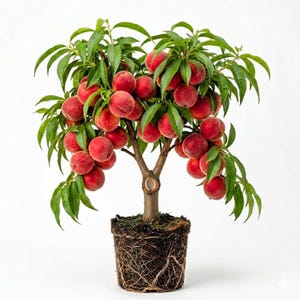 Può includere: Un piccolo pesco con tronco marrone e pane di terra esposto, caratterizzato da numerose pesche rotonde rosso-rosa appese a rami coperti da lunghe foglie verdi appuntite. La pianta è presentata senza vaso, con le radici ben visibili.