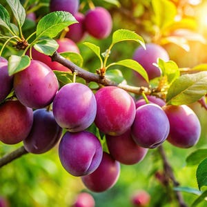 Può includere: Un grappolo di prugne mature e rotonde appese a un ramo. I frutti presentano sfumature di viola intenso, magenta e rosa rossastro. Foglie verdi sono intervallate tra le prugne, con la luce solare che filtra attraverso il fogliame.
