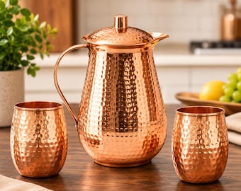 Custom Copper Water Pitcher with Glasses, Engraved Copper Jug Set, Handmade Kitchen Decor, Anniversary Wedding Gift, Gift For Wife