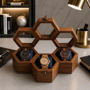Personalized Hexagon Watch Box, Custom Wooden Watch Case, Engraved Gift for Men, Luxury Watch Holder, Anniversary Gift for Husband,