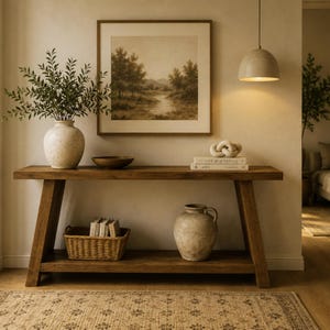 Può includere: Una consolle in legno rustico con un dipinto di paesaggio incorniciato, un grande vaso con vegetazione e oggetti decorativi. Un cestino di vimini e un boccale di ceramica sono sullo scaffale inferiore. L'ambiente è accogliente.