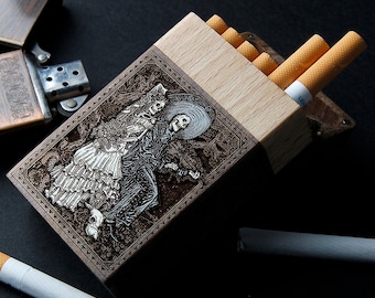 Mexikanischer Tabak – Zigarettenetui aus Holz, lasergraviert und handbemalt – Holzbox mit 10 Zigarettenfächern (Standardgröße)