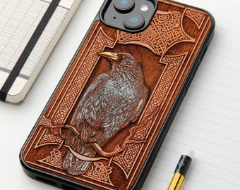 Raven - Custodia per telefono in vero legno incisa a laser e pitturata a mano per tutti i modelli iPhone, Samsung e Google Pixel