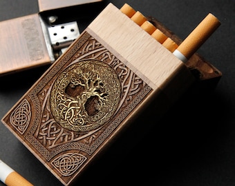 Yggdrasill – Zigarettenetui aus Holz, lasergraviert und handbemalt – Holzbox mit 10 Zigarettenfächern, Standardgröße, kompakt und elegant