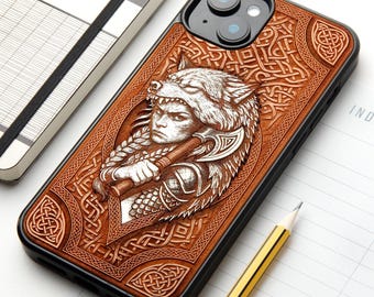 Vikings - Custodia per telefono in vero legno incisa a laser e pitturata a mano per tutti i modelli iPhone, Samsung e Google Pixel