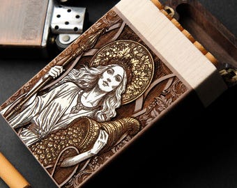 Fortune – Zigarettenetui aus Holz, lasergraviert und handbemalt – Holzbox mit 10 Zigarettenfächern, Standardgröße, kompakt und elegant