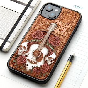 May include: A black smartphone case featuring a wood-toned engraved design of an acoustic guitar, two skulls, and several roses. The text Rock and Roll is engraved in the upper right corner. The case has a cutout for a dual-lens camera system.