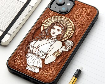 Aphrodite - Custodia per telefono in vero legno incisa a laser e pitturata a mano per tutti i modelli iPhone, Samsung e Google Pixel