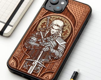Medieval Knight - Custodia per telefono in vero legno incisa a laser e pitturata a mano per tutti i modelli iPhone, Samsung e Google Pixel