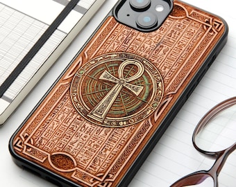 Key of Ankh - Custodia per telefono in vero legno incisa a laser e pitturata a mano per tutti i modelli iPhone, Samsung e Google Pixel