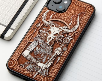 Necromancer - Custodia per telefono in vero legno incisa a laser e pitturata a mano per tutti i modelli iPhone, Samsung e Google Pixel